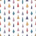 Colorful fir trees hand drawn vector seamless pattern. Multicolor xmas trees on white background. Abstract holiday