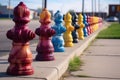 colorful fire hydrants lined up in a row