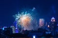 Colorful Firework with cityscape night light view of Bangkok skyline at twilight time..New Year celebration fireworks,  Bangkok ci Royalty Free Stock Photo