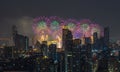 Colorful Firework with cityscape night light view of Bangkok skyline at twilight time Royalty Free Stock Photo