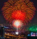 Colorful Firework with cityscape night light view of Bangkok skyline at twilight time Royalty Free Stock Photo