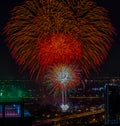 Colorful Firework with cityscape night light view of Bangkok skyline at twilight time Royalty Free Stock Photo