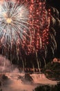 Colorful firework over the Rhine Falls to celebrate traditionally the Swiss National Day