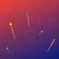 Colorful firework rocket flying with festive firecrackers bursting in different patterns on colorful background. Fireworks