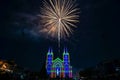 Colorful firework with virgin mary in the Christmas night