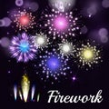 Colorful fireworks on black background. Night sky with stars and Royalty Free Stock Photo