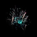 Colorful fireworks black night sky background isolated close up, red, blue, golden firecracker pattern, salute backdrop, holiday