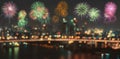 Colorful fireworks on blurred bokeh city night lights background Royalty Free Stock Photo