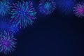 Colorful fireworks on a dark background. Bright fireworks in the night starry sky. Background for festive design, party. Vector