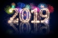 colorful fireworks display and bright sparkler pyrotechnic number 2019 happy new year