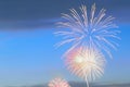 Colorful fireworks display on dusk sky background Royalty Free Stock Photo