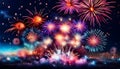 colorful fireworks over a city at night celebrating new year, anniversary or event Royalty Free Stock Photo