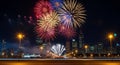 Colorful fireworks display over a city skyline. Royalty Free Stock Photo