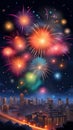Colorful fireworks exploding in the night sky over a city AI Generated Royalty Free Stock Photo