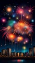 Colorful fireworks exploding in the night sky over a city AI Generated Royalty Free Stock Photo