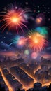 Colorful fireworks exploding in the night sky over a city AI Generated Royalty Free Stock Photo