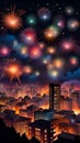 Colorful fireworks exploding in the night sky over a city AI Generated Royalty Free Stock Photo