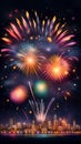 Colorful fireworks exploding in the night sky over a city AI Generated Royalty Free Stock Photo