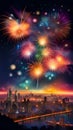 Colorful fireworks exploding in the night sky over a city AI Generated Royalty Free Stock Photo