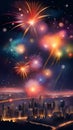 Colorful fireworks exploding in the night sky over a city AI Generated Royalty Free Stock Photo