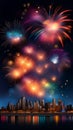 Colorful fireworks exploding in the night sky over a city AI Generated Royalty Free Stock Photo