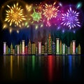 Colorful fireworks exploding in night sky over downtown city with reflection in water Royalty Free Stock Photo