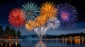 Colorful fireworks exploding over lake, celebrating night sky Royalty Free Stock Photo