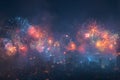 Colorful fireworks exploding over a modern city skyline at night, vibrant celebration mood Royalty Free Stock Photo