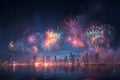 Colorful fireworks exploding over a modern city skyline at night, vibrant celebration mood Royalty Free Stock Photo