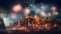 Colorful fireworks, explosion over historic city castle. New Year\'s party and celebra