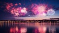 Colorful fireworks over lake and city skyline at night Royalty Free Stock Photo