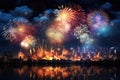 Colorful fireworks over night cityscape with reflection on water. Celebration concept, Beautiful fireworks display for celebration Royalty Free Stock Photo