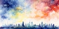 Colorful fireworks over silhouette city skyline watercolor painting, minimalist holiday celebration background watercolor painting Royalty Free Stock Photo