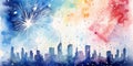 Colorful fireworks over silhouette city skyline watercolor painting, minimalist holiday celebration background watercolor painting Royalty Free Stock Photo