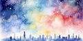 Colorful fireworks over silhouette city skyline watercolor painting, minimalist holiday celebration background watercolor painting Royalty Free Stock Photo