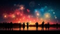 Colorful fireworks spectacle silhouettes of people in outdoor crowd celebrating holiday night Royalty Free Stock Photo
