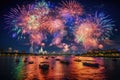 Colorful fireworks of various colors over the Chao Phraya River in Bangkok, Colorful fireworks of various colors over the Chao