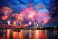 Colorful fireworks of various colors over night sky with reflection on water, Colorful fireworks of various colors over the Chao