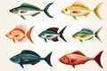 Colorful fish icons set on white, cute cartoon style, sea life symbols collection Royalty Free Stock Photo
