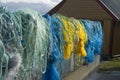 Colorful fish nets, ropes and other fishing equipment in Norway Royalty Free Stock Photo