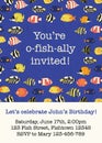 Colorful fish party invitation card template. Vector illustration tropical reef fishes. You are o-fish-ally invited. Fun save the