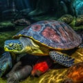 Colorful fish roosting on down of the turtle inside the water. Generative Ai