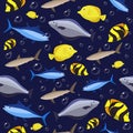 Colorful fish seamless pattern. Ocean fish and crabs. Vector illustration