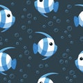 Colorful fish seamless pattern. Underwater life background in cartoon style. Hand drawn tropical fish on backdrop with bubbles.