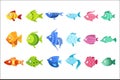 Colorful Fish Set Of Cute Bright Color Childish Design Vector Illustrations Isolated On White Background.