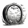 Black And White Line Drawing Of A Sardine: A Mark Brooks-inspired Porthole Illustration