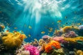 Colorful fish swimming in underwater coral reef landscape. Deep blue ocean with colorful fish and marine life