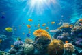 Colorful fish swimming in underwater coral reef landscape. Deep blue ocean with colorful fish and marine life