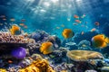 Colorful fish swimming in underwater coral reef landscape. Deep blue ocean with colorful fish and marine life