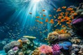 Colorful fish swimming in underwater coral reef landscape. Deep blue ocean with colorful fish and marine life